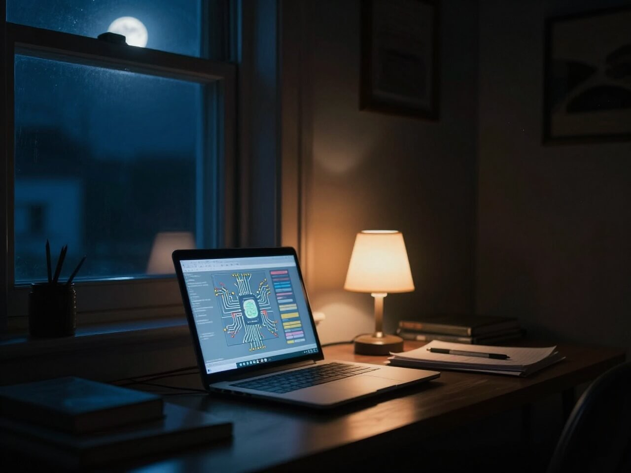 A dark study at night. A laptop glows on a wooden desk beside a warm
                         lamp, with a full moon visible through the window.